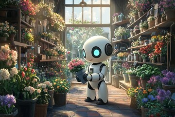 A robot is standing in a flower shop, holding a potted plant