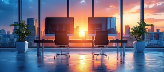 Wall Mural - Modern Office with City Skyline View at Sunset