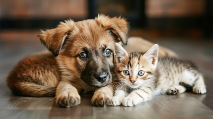 Wall Mural - Puppy and baby kitten lying together on a cozy floor at home, both looking curiously at the camera with their soft fur and innocent expressions