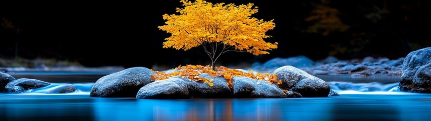 Canvas Print - Vibrant Autumn Tree on Rocky Riverbank