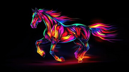 Neon Horse Galloping with Glowing Mane Against Black Background: Dynamic and Vibrant Image of Majestic Horse with Neon Effects for Bold Visual Impact.