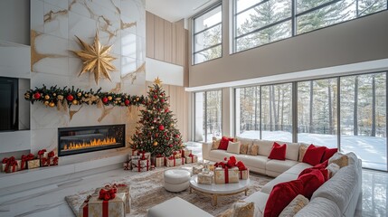 Wall Mural - Modern living room decorated for christmas with a large christmas tree and a fireplace