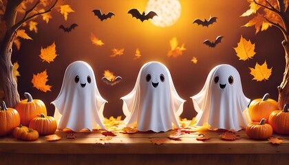 Cute Halloween ghosts with smiling faces