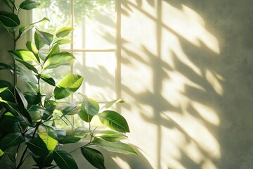 sun shining through window creating shadows from plant on wall