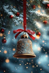 Wall Mural - christmas bell hanging from snowy fir tree branch with red ribbon
