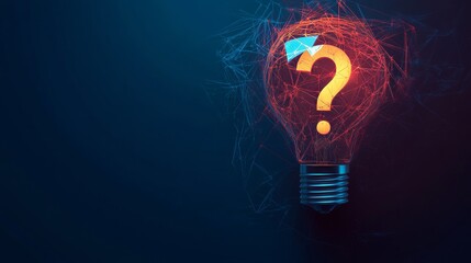 Problem-solving concept: glowing polygonal lightbulb and question mark on dark blue background. 