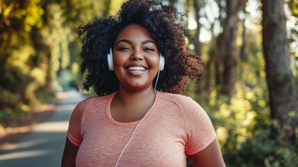 Smiling Runner: A young woman with curly hair and a vibrant smile runs through a lush park, her headphones on, fully immersed in the rhythm of her workout.  Her joy and energy are contagious.