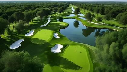 Wall Mural - Scenic aerial perspective of an elegant golf course featuring vibrant fairways and flourishing greenery