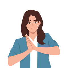 Woman look holding palms pressed together, asking for forgiveness. Flat Vector Character illustration