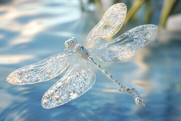 A silver dragonfly is floating on the surface of a body of water