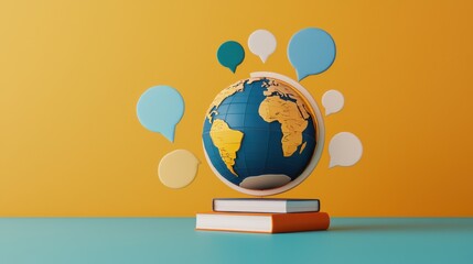 Floating 3D icons of the globe books and speech bubbles representing language learning communities worldwide