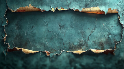 Poster - A close-up of a torn, teal-colored wall, revealing a glimpse of the aged paper beneath.