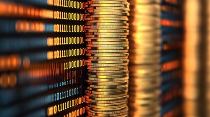 Gold coin stacks turning into digital binary code in a 3D illustration of money exchange