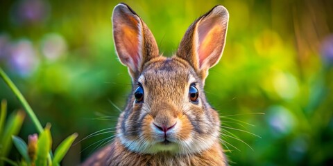 A charming close-up of an adorable rabbit’s face, showcasing bright eyes and plush fur, set against a serene