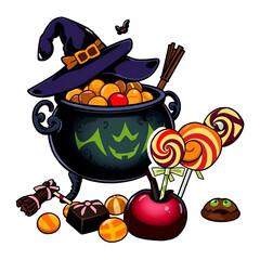 Happy halloween cauldron with candy, gummy, lollipop, toffee, chocolate, apple, pumpkins, hat and bat icon (png)