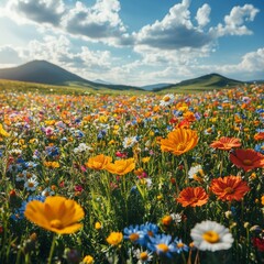 Canvas Print - Vibrant Wildflower Meadow Under a Blue Sky