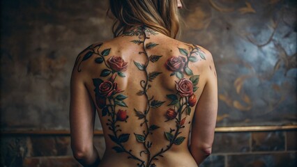 Wall Mural - Studio shot photo of a tattoo on a womans back shaped like a straight long thin rose vine with five tattoo flowers that stretches from the base of her spine to her neck is not wider than her shoulder 