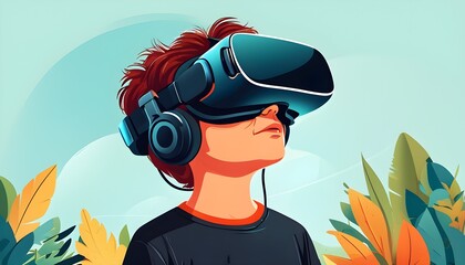 Wall Mural - Mature learners exploring virtual reality technology for enhanced education in a vibrant flat design illustration