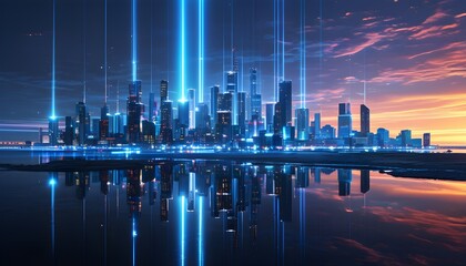 Wall Mural - Futuristic holographic cityscape under indigo beams with a glowing horizon