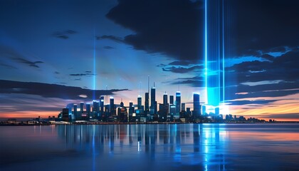 Poster - Futuristic holographic cityscape under indigo beams with a glowing horizon