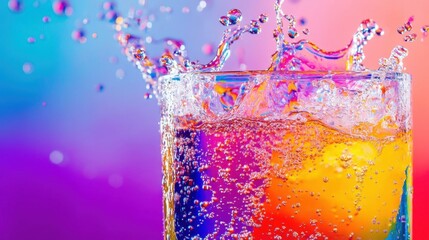 Refreshing splash of fizzy drink with bubbles and vibrant colors.