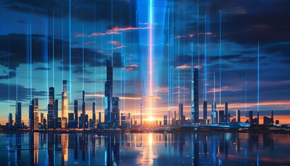 Sticker - Futuristic holographic cityscape under indigo beams with a glowing horizon