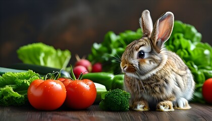 Wall Mural - Fluffy Bunny Enjoying Fresh Vegetables for Optimal Rabbit Nutrition