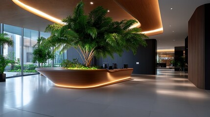 Poster - Modern Lobby with Lush Greenery and Ambient Lighting