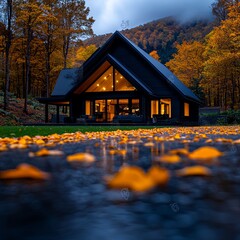 Sticker - Cozy Cabin in Autumn Forest with Reflection on Water