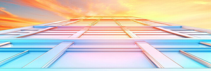 Poster - A low-angle view of a modern skyscraper against a vibrant sunset sky.