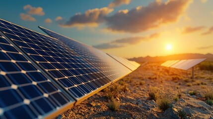 Solar panels in a desert capturing sunlight