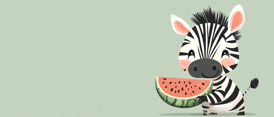 Cute cartoon vector of a zebra with a watermelon in his hand, looking at it with joy, set on a light green background, minimalist design