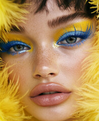 Wall Mural - A close-up of a model with blue and yellow eye makeup. She has long lashes and is wearing pastel-colored . A large, bright lemon-colored feather is next to her face. 