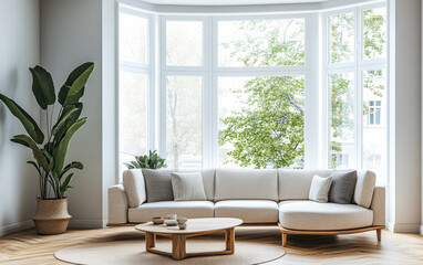 Bright and airy living room featuring a modern sofa with plants near a large bay window on a sunny day