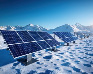 Wall Mural - Solar panels on a snowy mountain, capturing winter sunlight