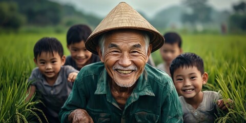 Elders and children working together in a rice paddy in Vietnam, showcasing the strong sense of family and community in agricultural life