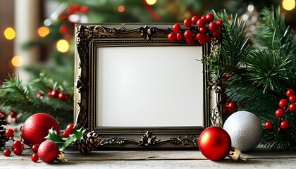 Wall Mural - Elegant blank Christmas card mockup set in a festive frame adorned with seasonal decorations