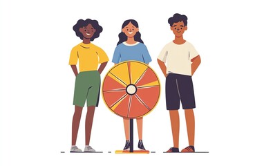 Flat design of three people with a wheel spinner, on a white background, straightforward and vibrant illustration