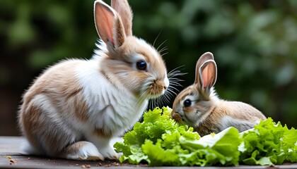 Wall Mural - Nurturing connection as fresh lettuce delights a small rabbit during hand feeding