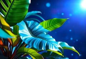 Wall Mural - Digital illustration of vibrant tropical leaves with a starry night background