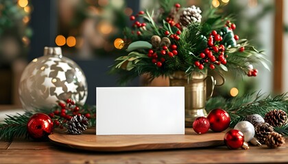 Wall Mural - Elegant holiday ornament mockup displayed on a blank greeting card for festive seasonal decorations