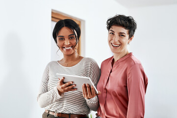 Poster - Creative, portrait or happy people on tablet in startup for planning, project review or company feedback. About us, smile or confident women in agency for online app, social network update or news