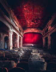 Interior of an old theater with red chairs and vintage walls.