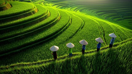 farmers planting rice in terraced fields in northern vietnam, their conical hats contrasting with th