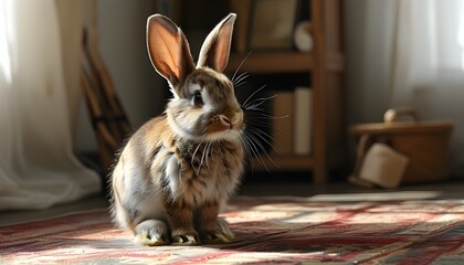 Wall Mural - Charming rabbit posing in a cozy room filled with warmth and character