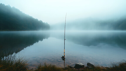 An unusable fishing rod lies broken on the edge of a misty lake