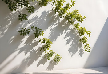 interplay of light and shadows creates serene atmosphere, showcasing flourishing leaves against minimalist wall. This natural scene evokes sense of tranquility and connection to nature