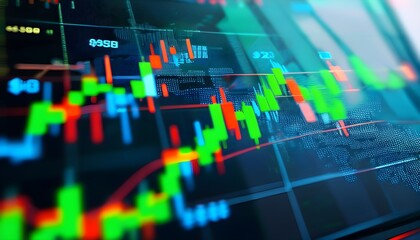 Wall Mural - Dynamic abstract visualization of stock market trends featuring vibrant green bars and blue numerical data highlighting financial growth and progress.