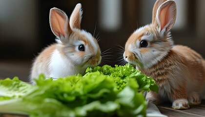 Wall Mural - Hand feeding lettuce to a cute bunny for optimal nutrition