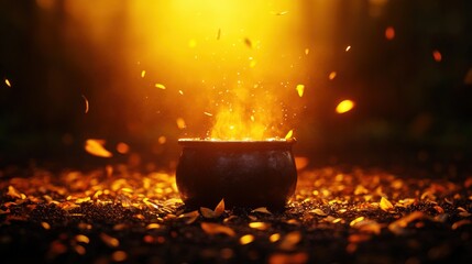 A glowing pot surrounded by sparks and glowing leaves, casting a warm light in a mystical forest setting.